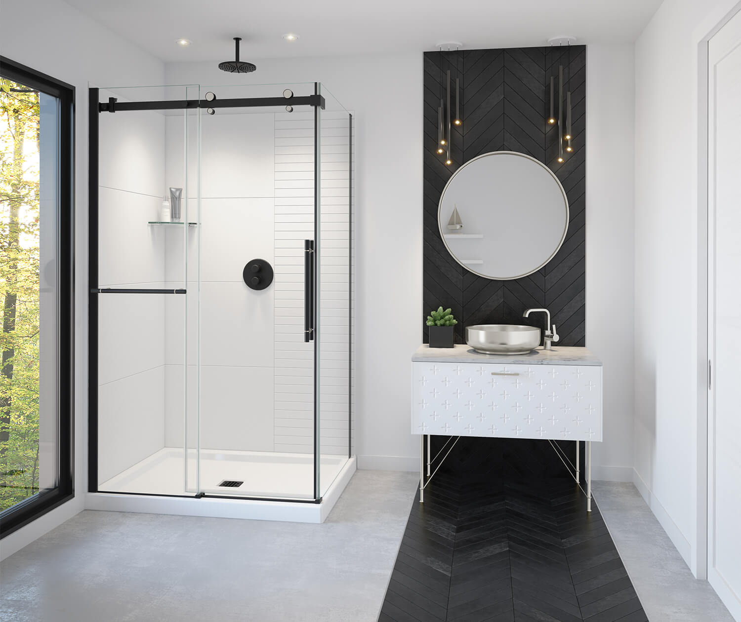 Vela 44 ½-47 x 78 ¾ in. 8mm Sliding Shower Door with Towel Bar for Alcove Installation with Clear glass in Matte Black and Brushed Nickel - Plumbing Market