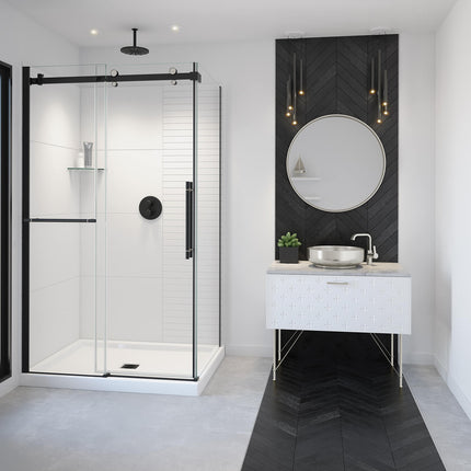 Vela 44 ½-47 x 78 ¾ in. 8mm Sliding Shower Door with Towel Bar for Alcove Installation with Clear glass in Matte Black and Brushed Nickel - Plumbing Market