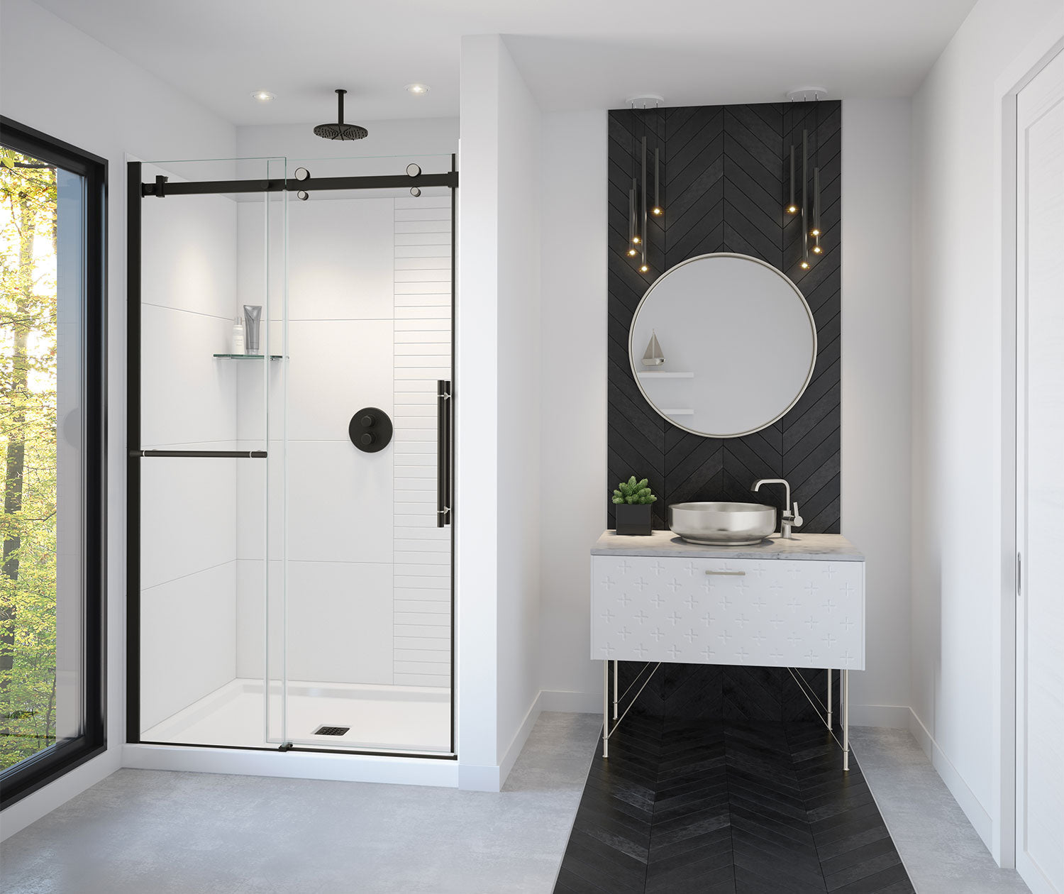 Vela 44 ½-47 x 78 ¾ in. 8mm Sliding Shower Door with Towel Bar for Alcove Installation with Clear glass in Matte Black and Brushed Nickel - Plumbing Market