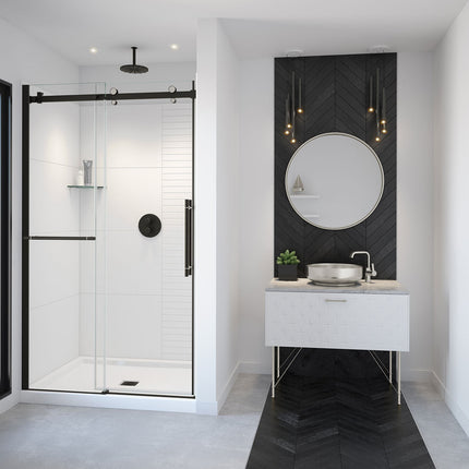 Vela 44 ½-47 x 78 ¾ in. 8mm Sliding Shower Door with Towel Bar for Alcove Installation with Clear glass in Matte Black and Brushed Nickel - Plumbing Market
