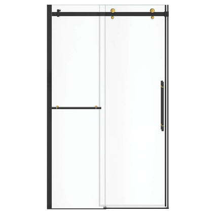 Vela 44 ½-47 x 78 ¾ in. 8mm Sliding Shower Door with Towel Bar for Alcove Installation with Clear glass in Matte Black and Brushed Gold - Plumbing Market