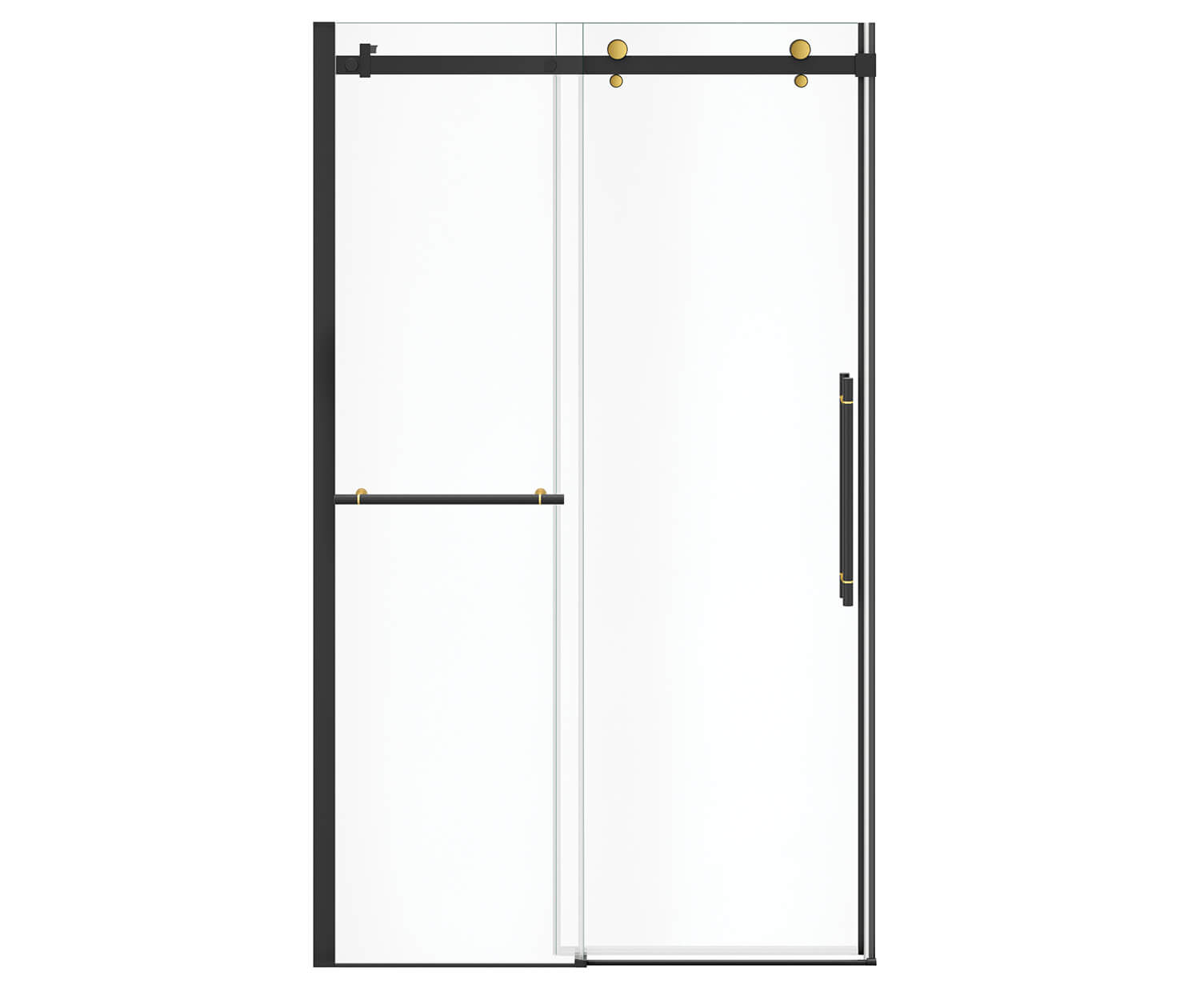 Vela 44 ½-47 x 78 ¾ in. 8mm Sliding Shower Door with Towel Bar for Alcove Installation with Clear glass in Matte Black and Brushed Gold - Plumbing Market