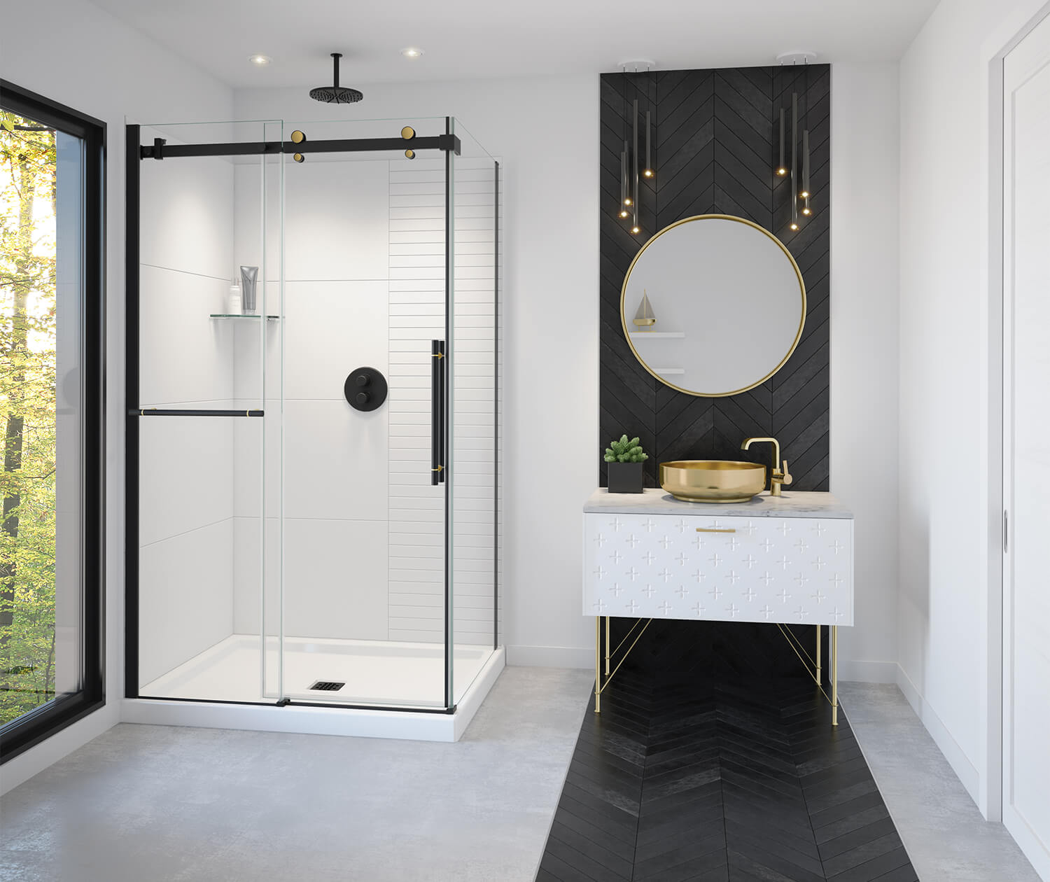 Vela 44 ½-47 x 78 ¾ in. 8mm Sliding Shower Door with Towel Bar for Alcove Installation with Clear glass in Matte Black and Brushed Gold - Plumbing Market