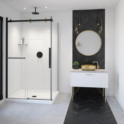 Vela 44 ½-47 x 78 ¾ in. 8mm Sliding Shower Door with Towel Bar for Alcove Installation with Clear glass in Matte Black and Brushed Gold - Plumbing Market
