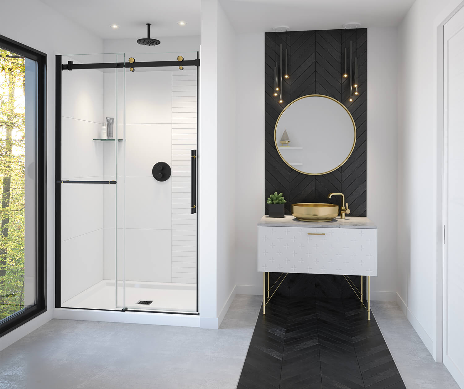 Vela 44 ½-47 x 78 ¾ in. 8mm Sliding Shower Door with Towel Bar for Alcove Installation with Clear glass in Matte Black and Brushed Gold - Plumbing Market