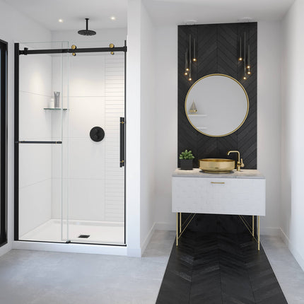 Vela 44 ½-47 x 78 ¾ in. 8mm Sliding Shower Door with Towel Bar for Alcove Installation with Clear glass in Matte Black and Brushed Gold - Plumbing Market