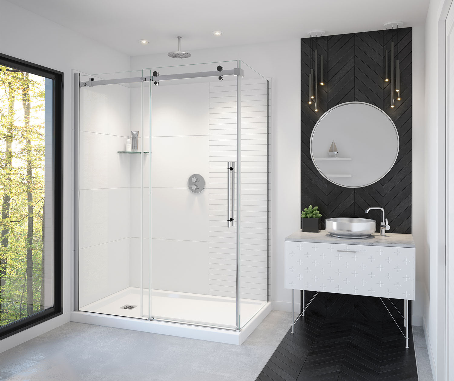 Vela 56 ½-59 x 78 ¾ in. 8mm Sliding Shower Door for Alcove Installation with Clear glass in Chrome and Matte Black - Plumbing Market