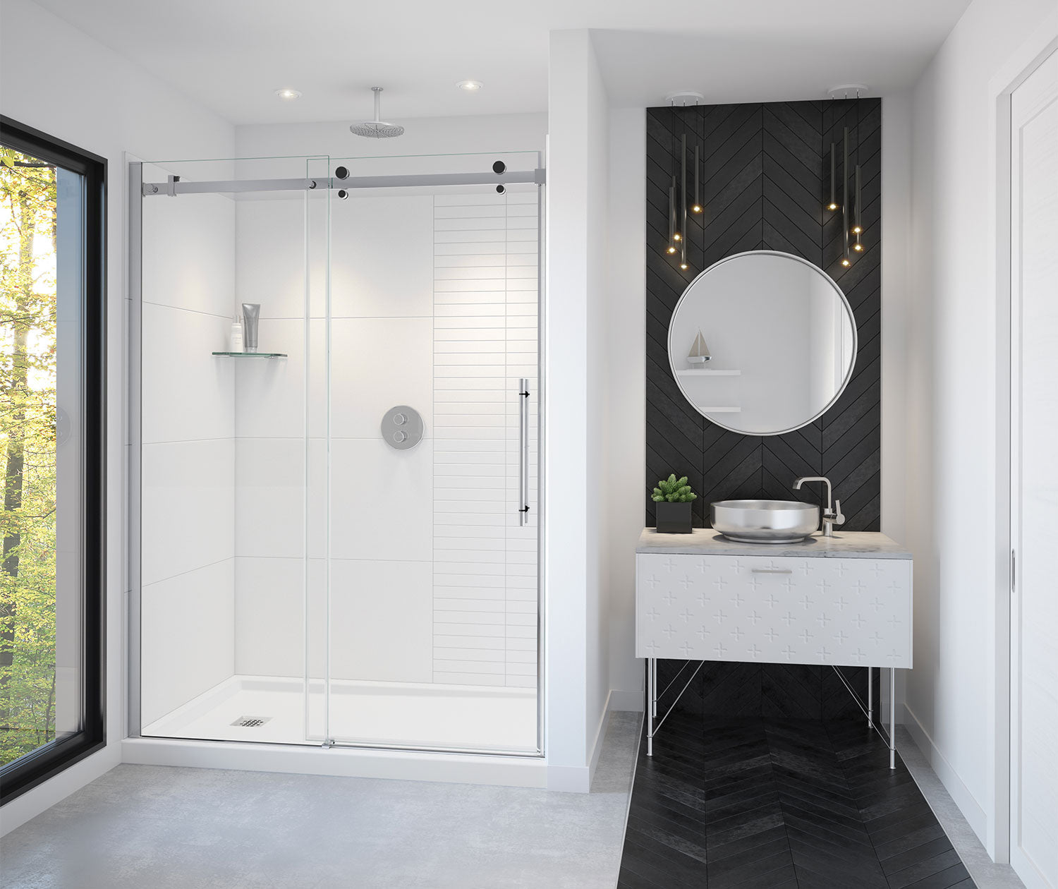 Vela 56 ½-59 x 78 ¾ in. 8mm Sliding Shower Door for Alcove Installation with Clear glass in Chrome and Matte Black - Plumbing Market
