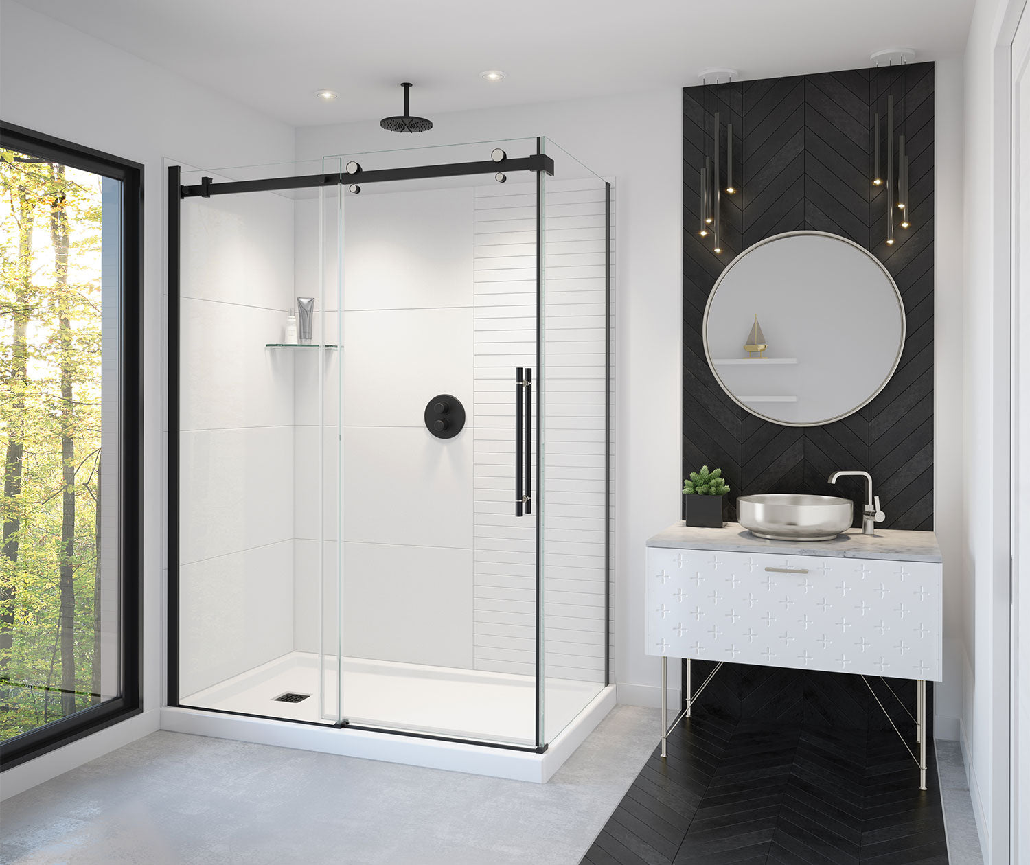 Vela 56 ½-59 x 78 ¾ in. 8mm Sliding Shower Door for Alcove Installation with Clear glass in Matte Black and Brushed Nickel - Plumbing Market