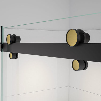 Vela 56 ½-59 x 78 ¾ in. 8mm Sliding Shower Door for Alcove Installation with Clear glass in Matte Black and Brushed Gold - Plumbing Market