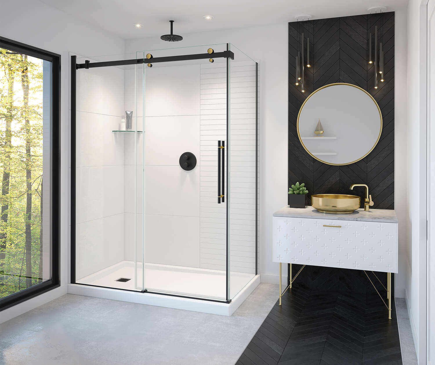 Vela 56 ½-59 x 78 ¾ in. 8mm Sliding Shower Door for Alcove Installation with Clear glass in Matte Black and Brushed Gold - Plumbing Market