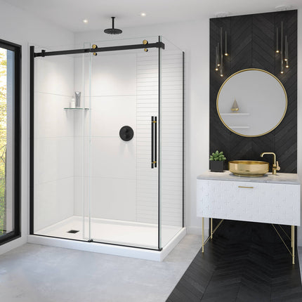 Vela 56 ½-59 x 78 ¾ in. 8mm Sliding Shower Door for Alcove Installation with Clear glass in Matte Black and Brushed Gold - Plumbing Market