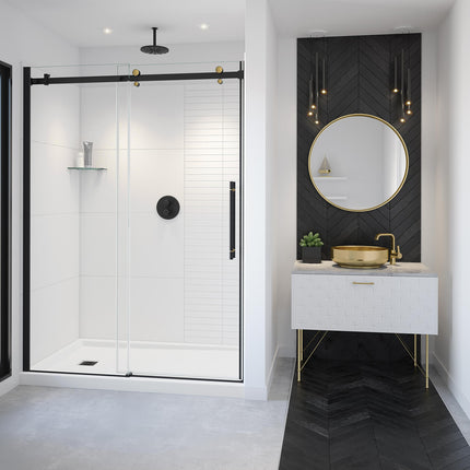 Vela 56 ½-59 x 78 ¾ in. 8mm Sliding Shower Door for Alcove Installation with Clear glass in Matte Black and Brushed Gold - Plumbing Market