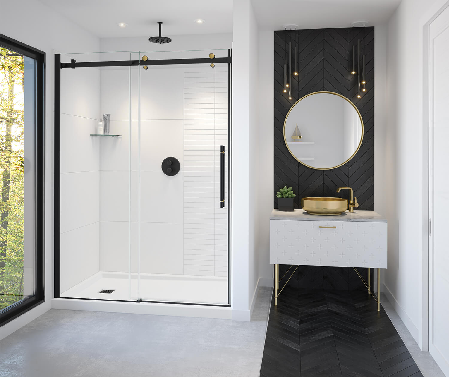 Vela 56 ½-59 x 78 ¾ in. 8mm Sliding Shower Door for Alcove Installation with Clear glass in Matte Black and Brushed Gold - Plumbing Market