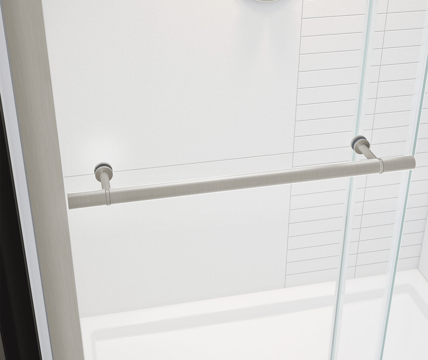 Vela 56 ½-59 x 78 ¾ in. 8mm Sliding Shower Door with Towel Bar for Alcove Installation with Clear glass in Brushed Nickel - Plumbing Market