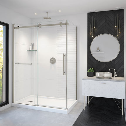 Vela 56 ½-59 x 78 ¾ in. 8mm Sliding Shower Door with Towel Bar for Alcove Installation with Clear glass in Brushed Nickel - Plumbing Market