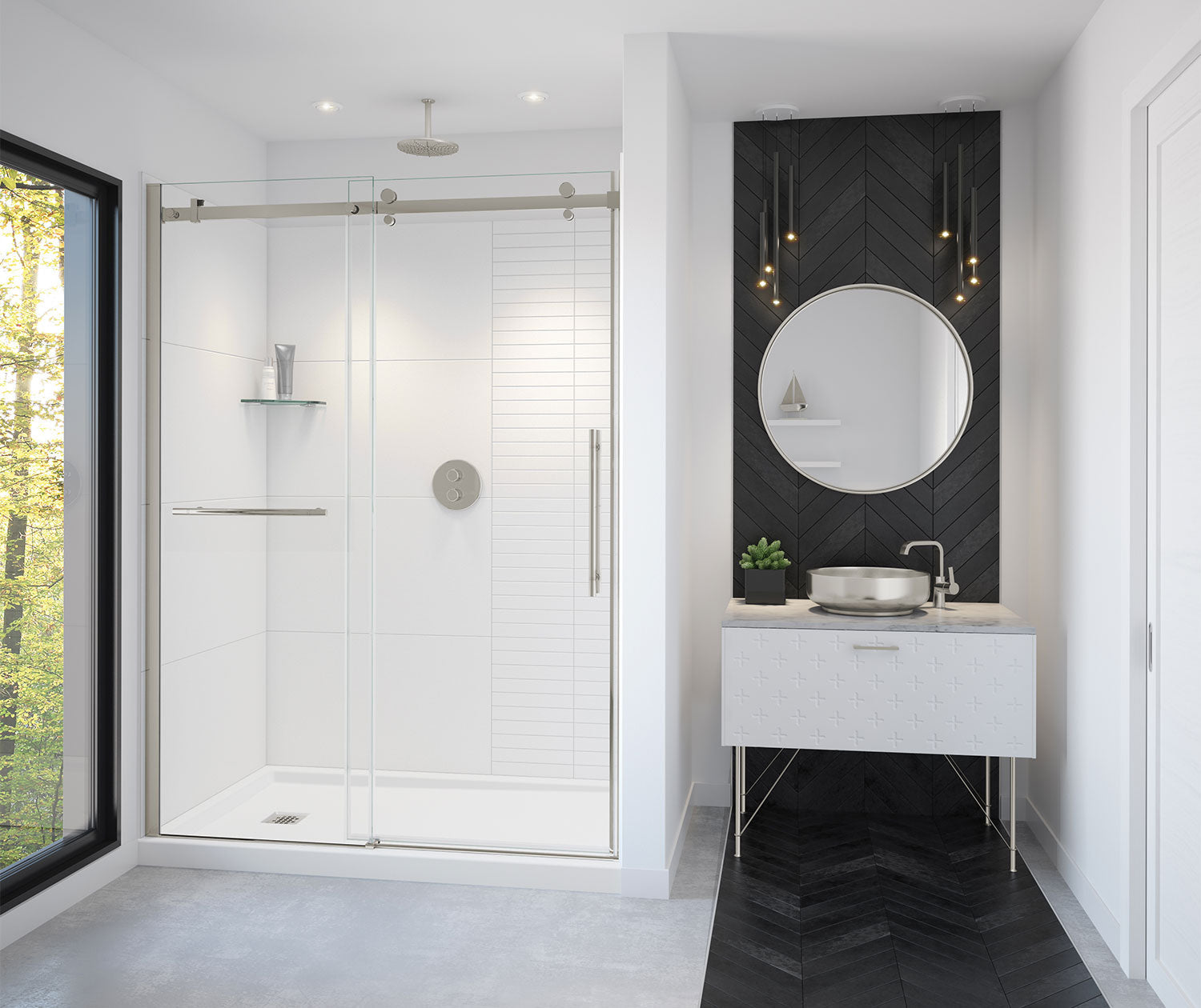 Vela 56 ½-59 x 78 ¾ in. 8mm Sliding Shower Door with Towel Bar for Alcove Installation with Clear glass in Brushed Nickel - Plumbing Market
