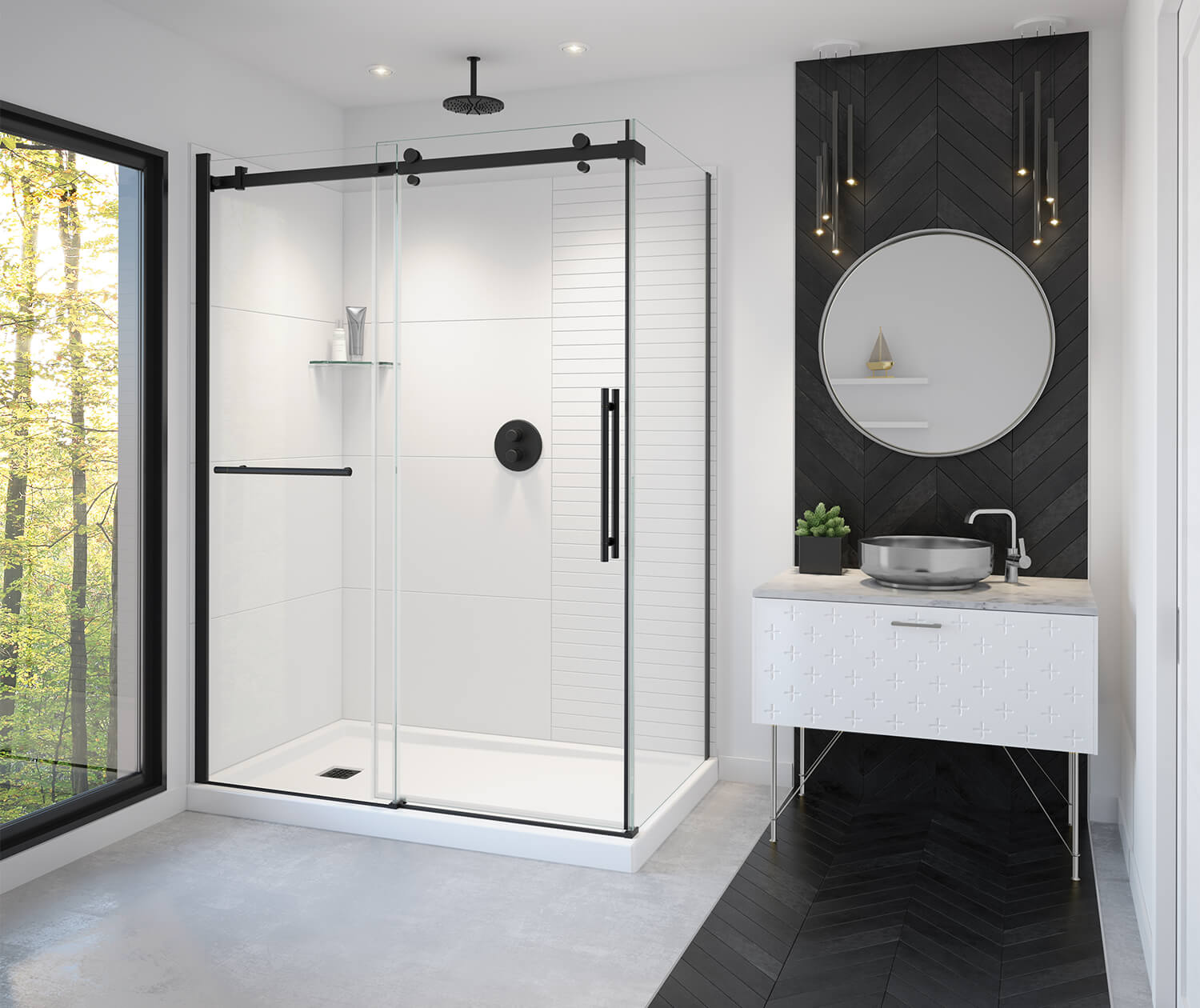 Vela 56 ½-59 x 78 ¾ in. 8mm Sliding Shower Door with Towel Bar for Alcove Installation with Clear glass in Matte Black - Plumbing Market