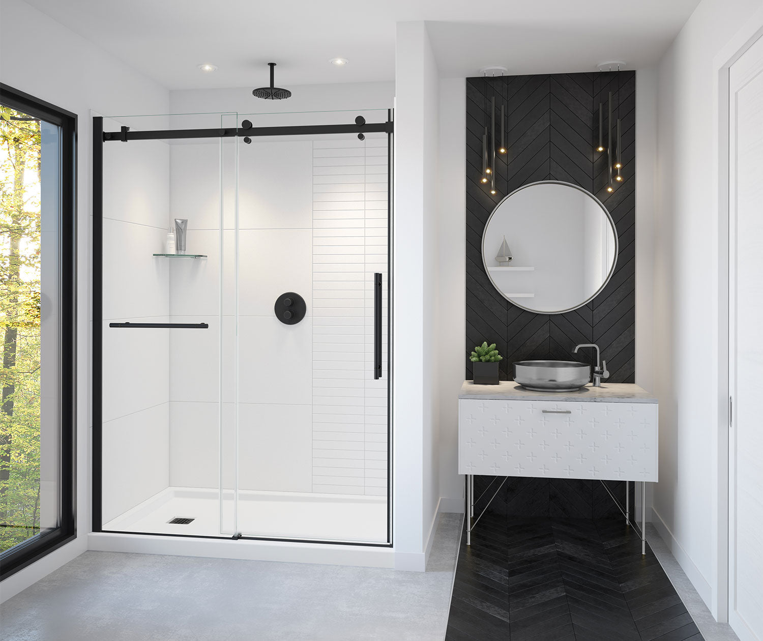 Vela 56 ½-59 x 78 ¾ in. 8mm Sliding Shower Door with Towel Bar for Alcove Installation with Clear glass in Matte Black - Plumbing Market