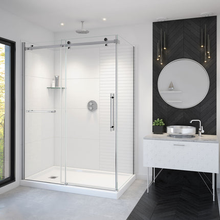 Vela 56 ½-59 x 78 ¾ in. 8mm Sliding Shower Door with Towel Bar for Alcove Installation with Clear glass in Chrome and Matte Black - Plumbing Market