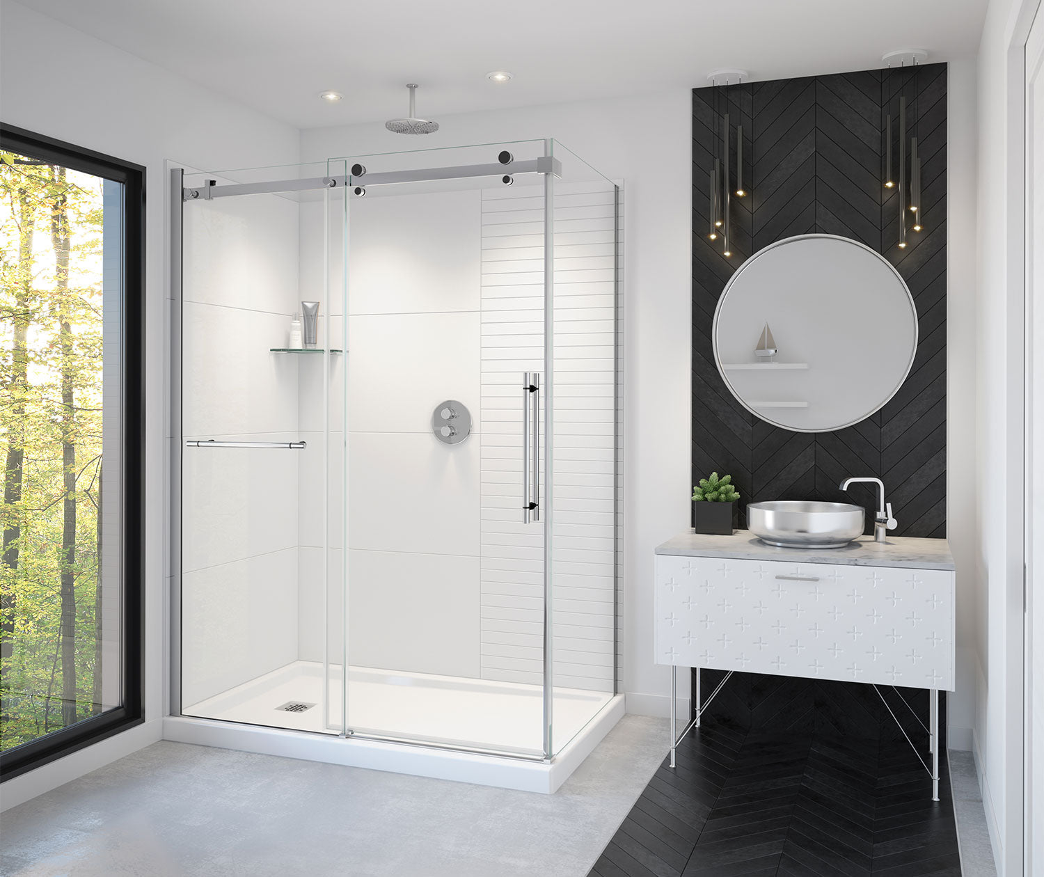 Vela 56 ½-59 x 78 ¾ in. 8mm Sliding Shower Door with Towel Bar for Alcove Installation with Clear glass in Chrome and Matte Black - Plumbing Market