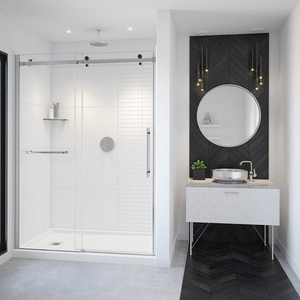 Vela 56 ½-59 x 78 ¾ in. 8mm Sliding Shower Door with Towel Bar for Alcove Installation with Clear glass in Chrome and Matte Black - Plumbing Market