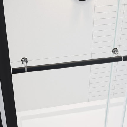 Vela 56 ½-59 x 78 ¾ in. 8mm Sliding Shower Door with Towel Bar for Alcove Installation with Clear glass in Matte Black and Chrome - Plumbing Market