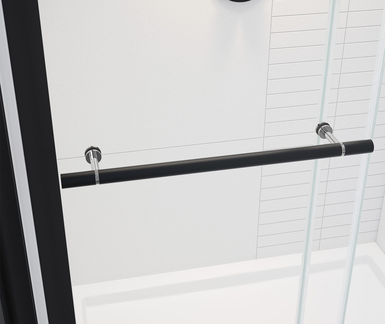 Vela 56 ½-59 x 78 ¾ in. 8mm Sliding Shower Door with Towel Bar for Alcove Installation with Clear glass in Matte Black and Chrome - Plumbing Market