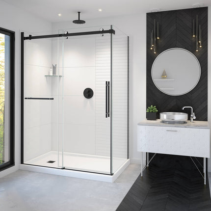 Vela 56 ½-59 x 78 ¾ in. 8mm Sliding Shower Door with Towel Bar for Alcove Installation with Clear glass in Matte Black and Chrome - Plumbing Market