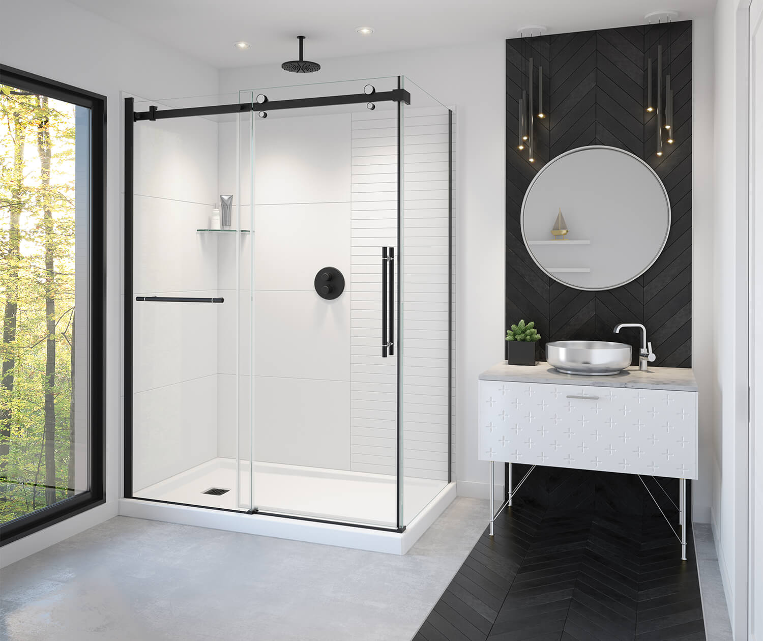 Vela 56 ½-59 x 78 ¾ in. 8mm Sliding Shower Door with Towel Bar for Alcove Installation with Clear glass in Matte Black and Chrome - Plumbing Market