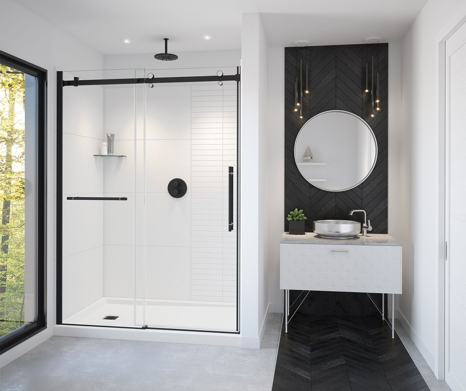 Vela 56 ½-59 x 78 ¾ in. 8mm Sliding Shower Door with Towel Bar for Alcove Installation with Clear glass in Matte Black and Chrome - Plumbing Market