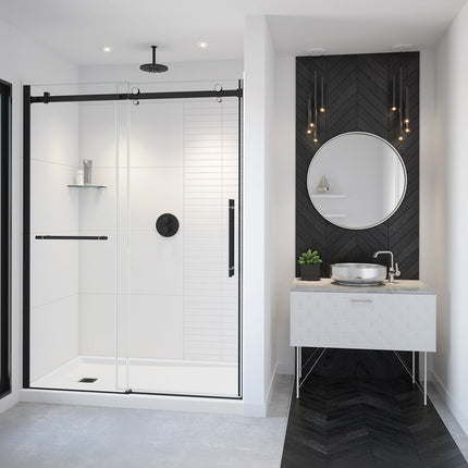 Vela 56 ½-59 x 78 ¾ in. 8mm Sliding Shower Door with Towel Bar for Alcove Installation with Clear glass in Matte Black and Chrome - Plumbing Market