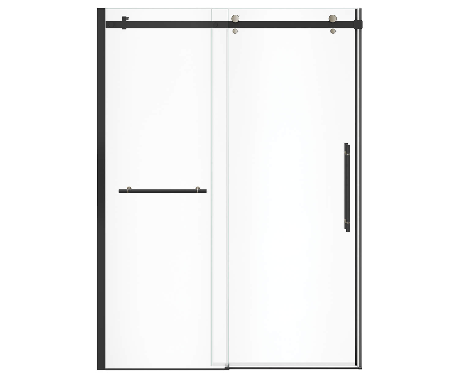 Vela 56 ½-59 x 78 ¾ in. 8mm Sliding Shower Door with Towel Bar for Alcove Installation with Clear glass in Matte Black and Brushed Nickel - Plumbing Market