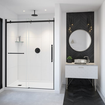 Vela 56 ½-59 x 78 ¾ in. 8mm Sliding Shower Door with Towel Bar for Alcove Installation with Clear glass in Matte Black and Brushed Nickel - Plumbing Market
