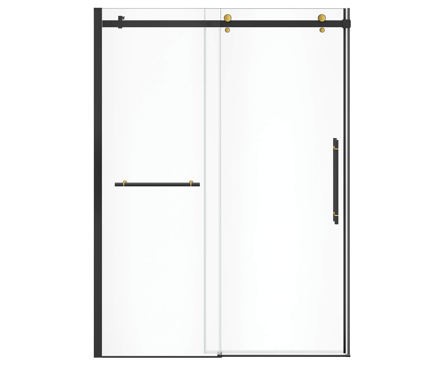 Vela 56 ½-59 x 78 ¾ in. 8mm Sliding Shower Door with Towel Bar for Alcove Installation with Clear glass in Matte Black and Brushed Gold - Plumbing Market
