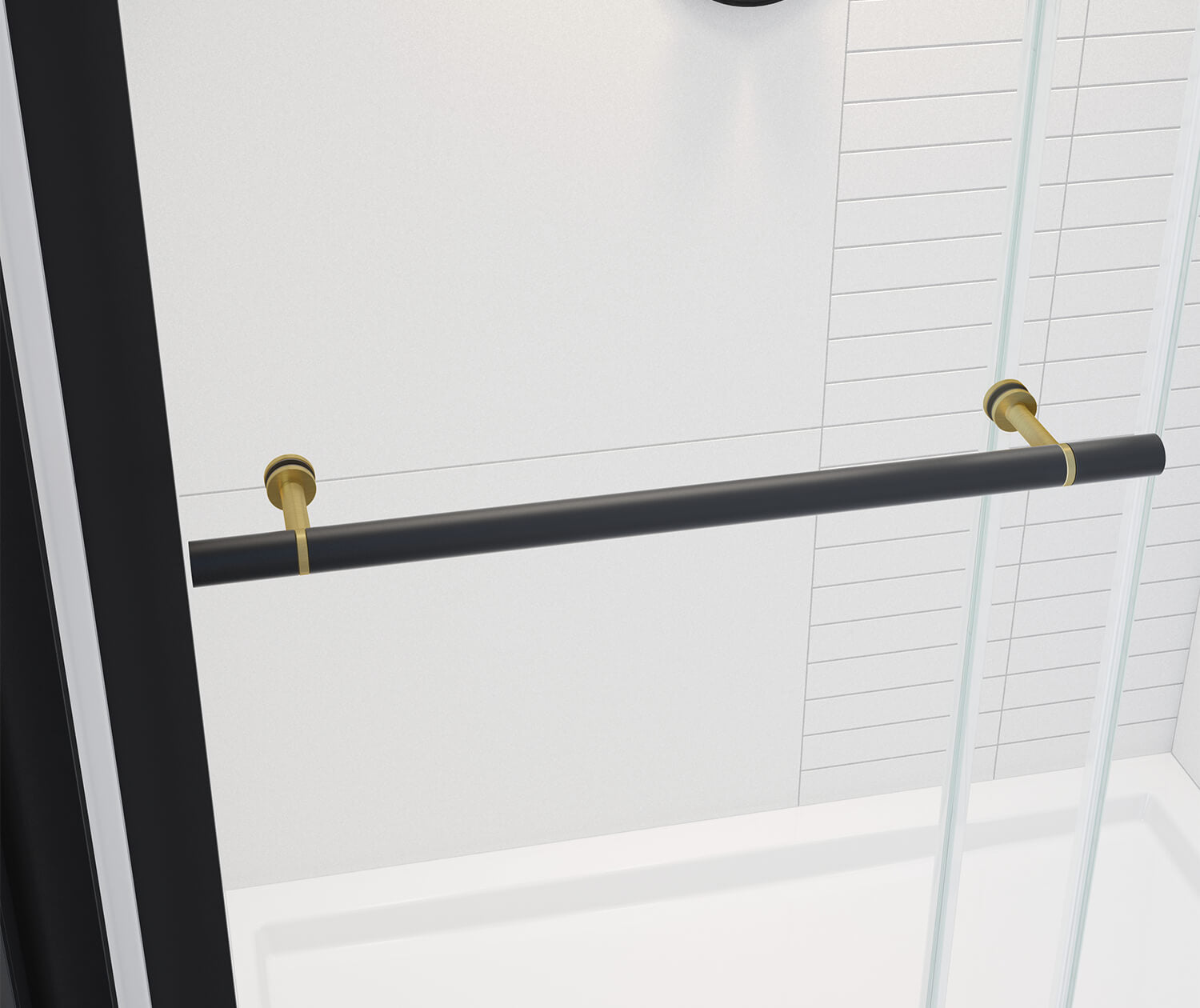 Vela 56 ½-59 x 78 ¾ in. 8mm Sliding Shower Door with Towel Bar for Alcove Installation with Clear glass in Matte Black and Brushed Gold - Plumbing Market