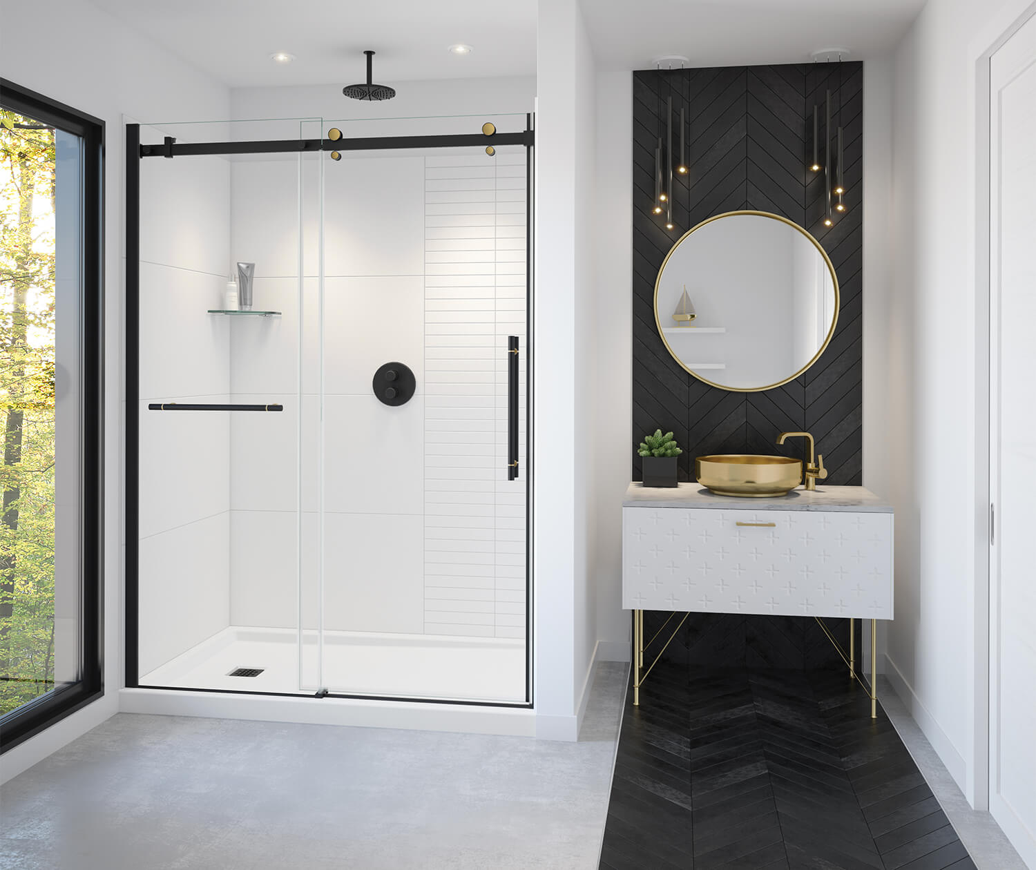Vela 56 ½-59 x 78 ¾ in. 8mm Sliding Shower Door with Towel Bar for Alcove Installation with Clear glass in Matte Black and Brushed Gold - Plumbing Market