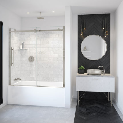 Vela 56 ½-59 x 59 in. 8 mm Sliding Tub Door for Alcove Installation with Clear glass in Brushed Nickel - Plumbing Market