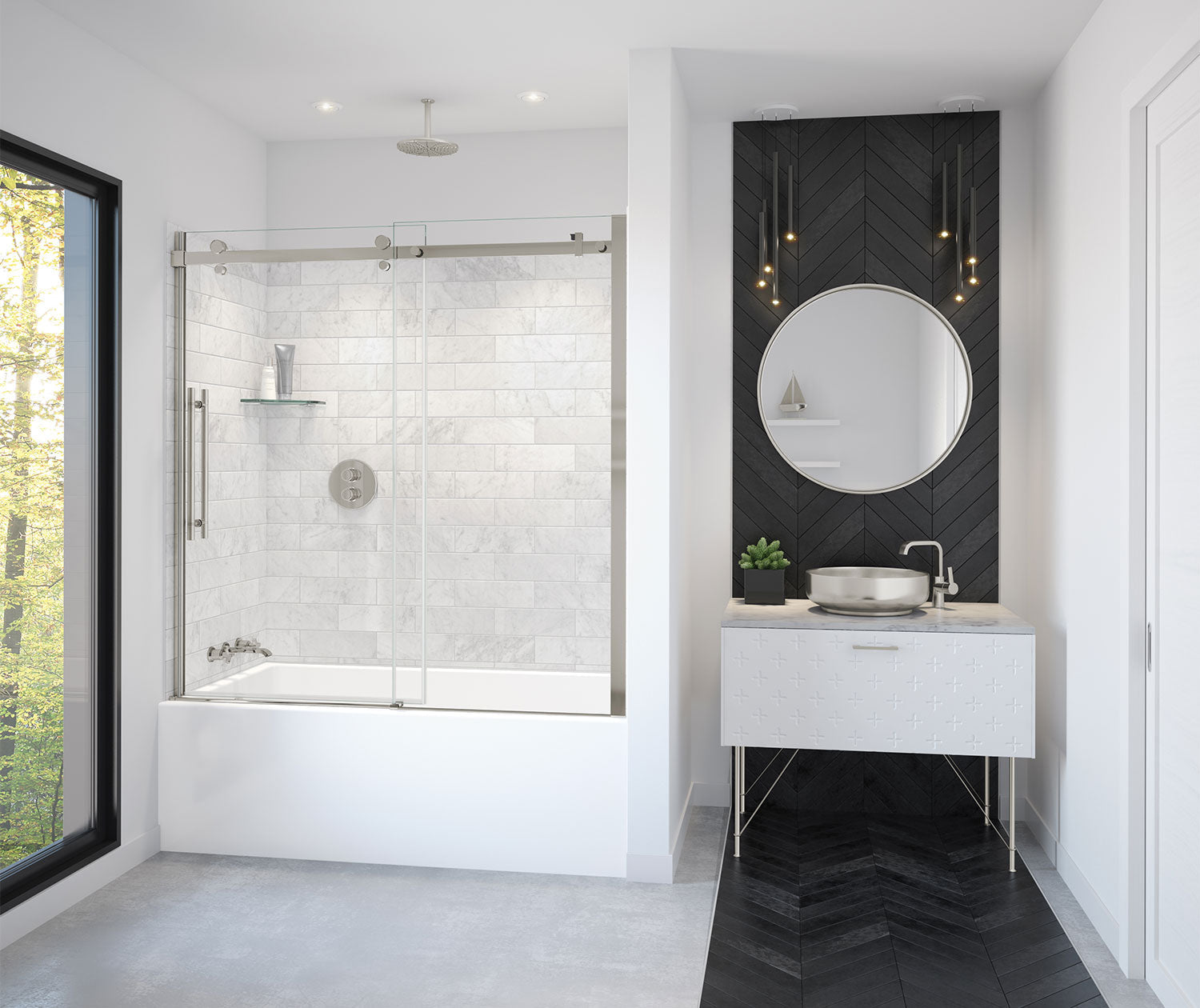 Vela 56 ½-59 x 59 in. 8 mm Sliding Tub Door for Alcove Installation with Clear glass in Brushed Nickel - Plumbing Market
