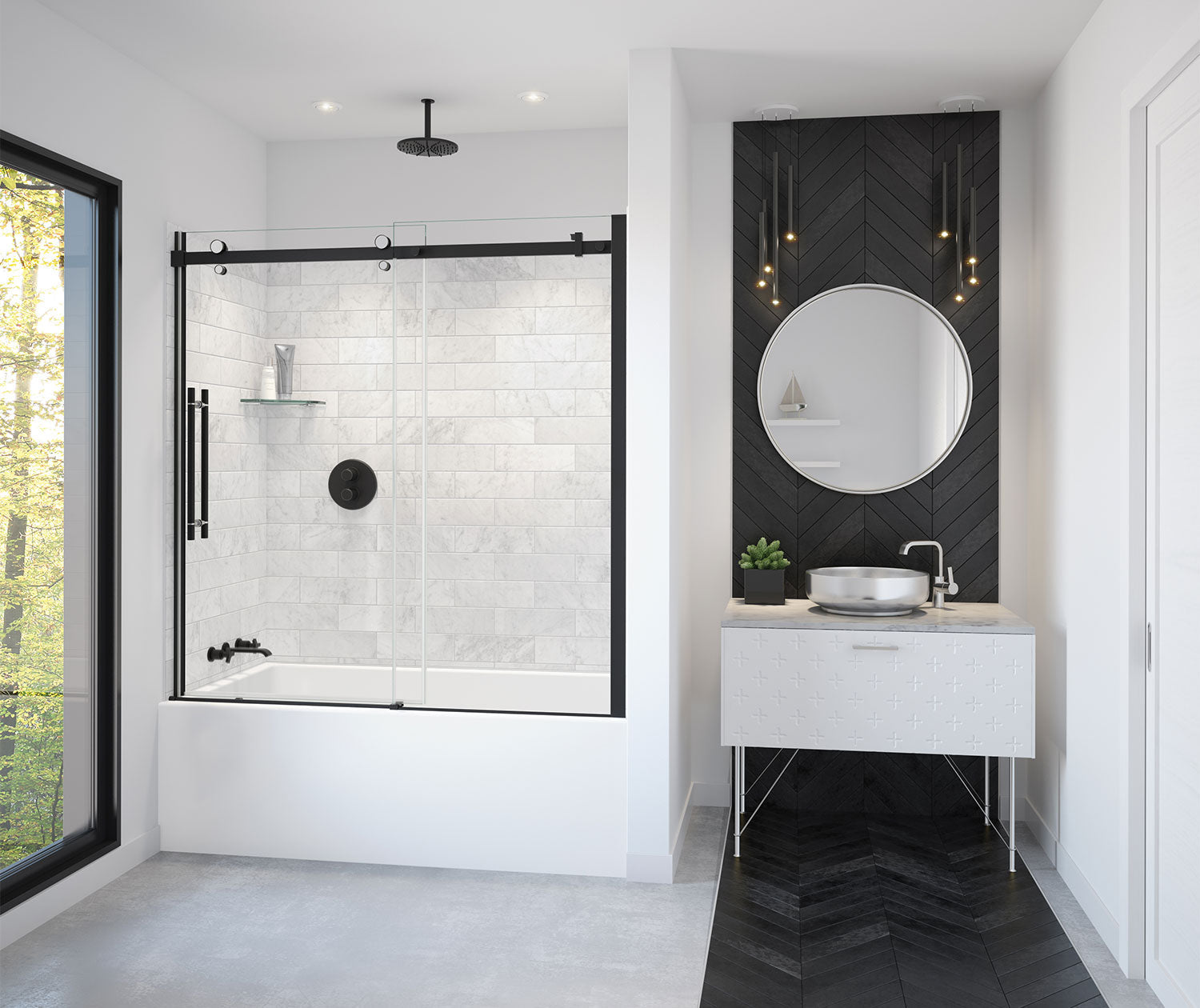 Vela 56 ½-59 x 59 in. 8 mm Sliding Tub Door for Alcove Installation with Clear glass in Matte Black and Chrome - Plumbing Market