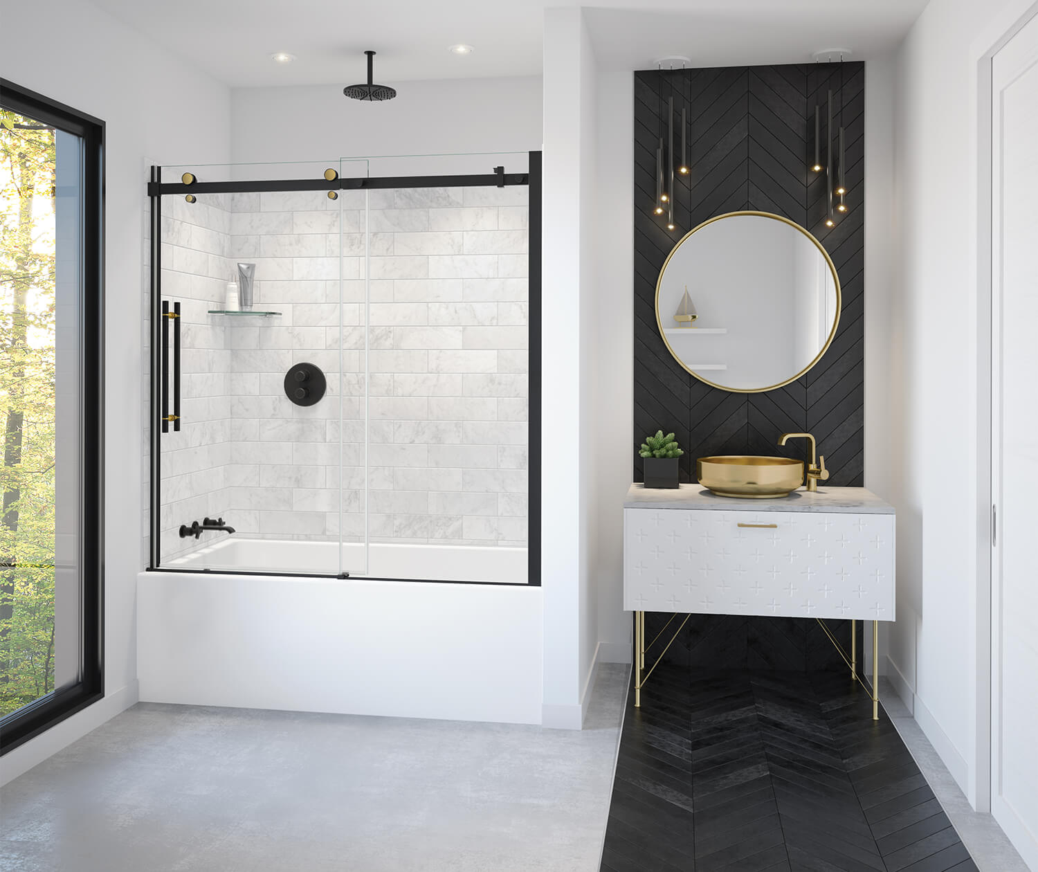 Vela 56 ½-59 x 59 in. 8 mm Sliding Tub Door for Alcove Installation with Clear glass in Matte Black and Brushed Gold - Plumbing Market