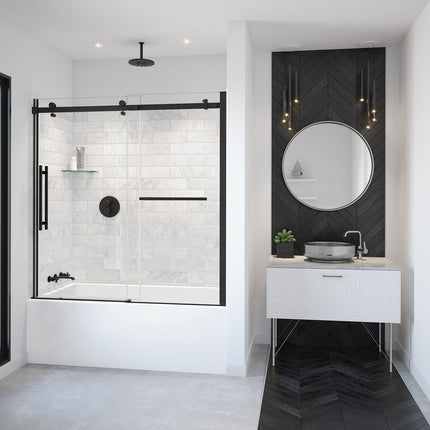 Vela 56 ½-59 x 59 in. 8 mm Sliding Tub Door with Towel Bar for Alcove Installation with Clear glass in Matte Black - Plumbing Market