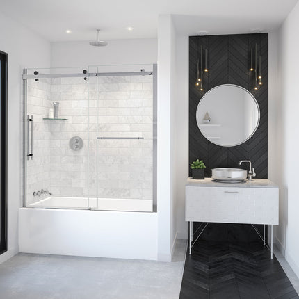 Vela 56 ½-59 x 59 in. 8 mm Sliding Tub Door with Towel Bar for Alcove Installation with Clear glass in Chrome and Matte Black - Plumbing Market
