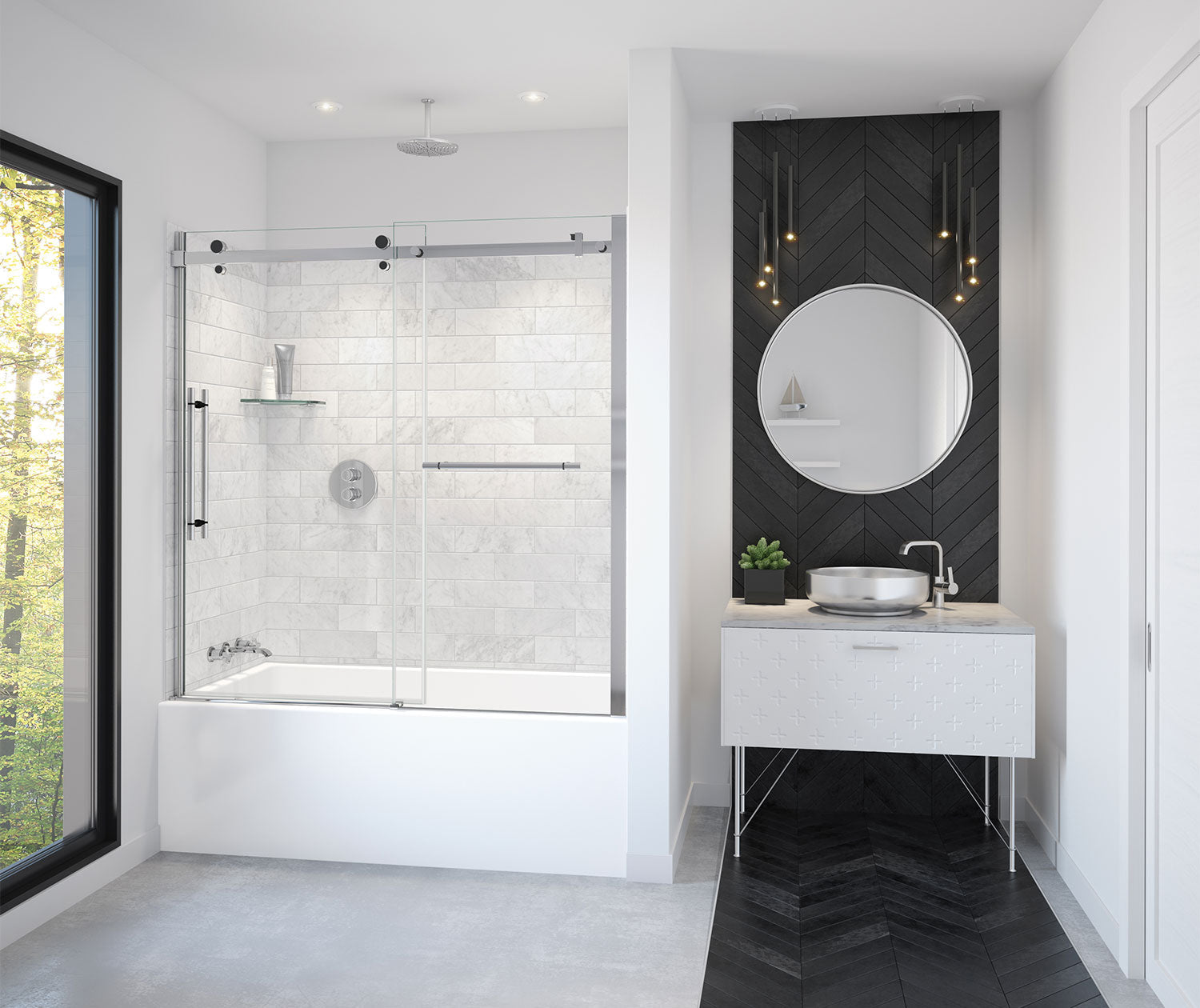 Vela 56 ½-59 x 59 in. 8 mm Sliding Tub Door with Towel Bar for Alcove Installation with Clear glass in Chrome and Matte Black - Plumbing Market