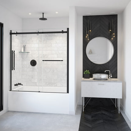 Vela 56 ½-59 x 59 in. 8 mm Sliding Tub Door with Towel Bar for Alcove Installation with Clear glass in Matte Black and Chrome - Plumbing Market