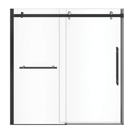 Vela 56 ½-59 x 59 in. 8 mm Sliding Tub Door with Towel Bar for Alcove Installation with Clear glass in Matte Black and Brushed Nickel - Plumbing Market