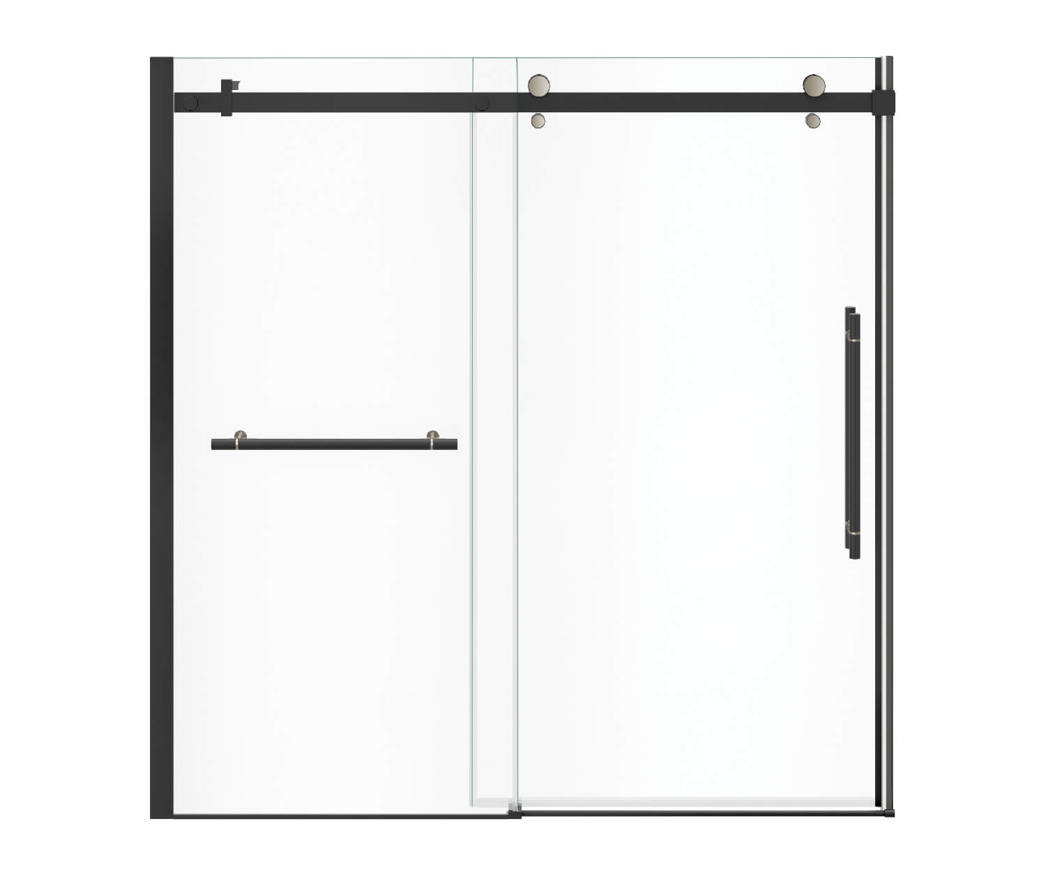 Vela 56 ½-59 x 59 in. 8 mm Sliding Tub Door with Towel Bar for Alcove Installation with Clear glass in Matte Black and Brushed Nickel - Plumbing Market