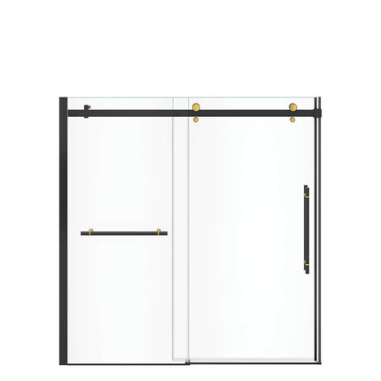 Vela 56 ½-59 x 59 in. 8 mm Sliding Tub Door with Towel Bar for Alcove Installation with Clear glass in Matte Black and Brushed Gold - Plumbing Market