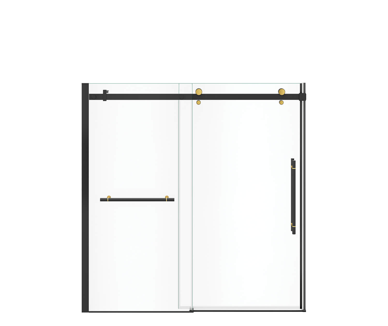 Vela 56 ½-59 x 59 in. 8 mm Sliding Tub Door with Towel Bar for Alcove Installation with Clear glass in Matte Black and Brushed Gold - Plumbing Market