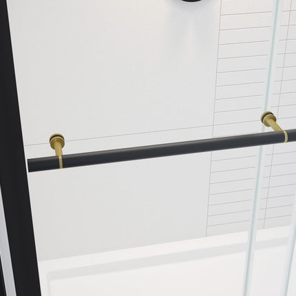 Vela 56 ½-59 x 59 in. 8 mm Sliding Tub Door with Towel Bar for Alcove Installation with Clear glass in Matte Black and Brushed Gold - Plumbing Market